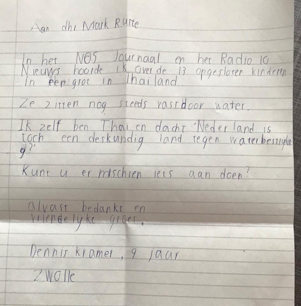 ซึ้งมาก!! เด็ก 9 ขวบ เขียนจม.ถึงนายกฯเนเธอร์แลนด์ ขอร้องให้ช่วยทีมหมูป่า