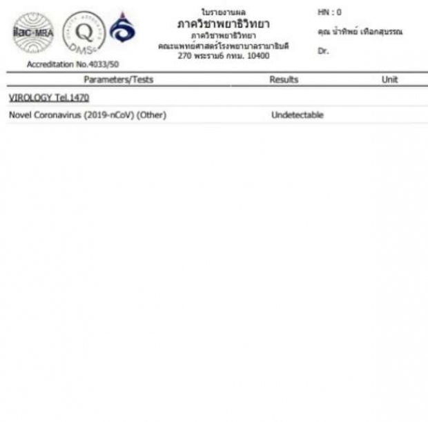 เผยผลตรวจ ลูกสาวสุเทพ หลังสามีติดเชื้อ Covid-19