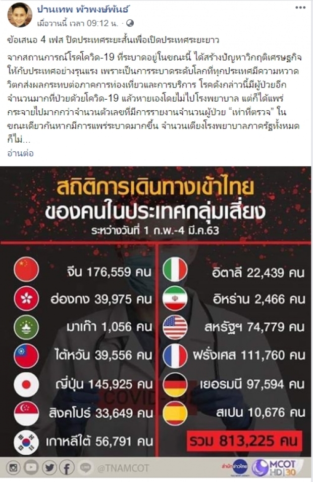 เสนอ 4 เฟส ปิดประเทศระยะสั้น เปิดประเทศระยะยาว