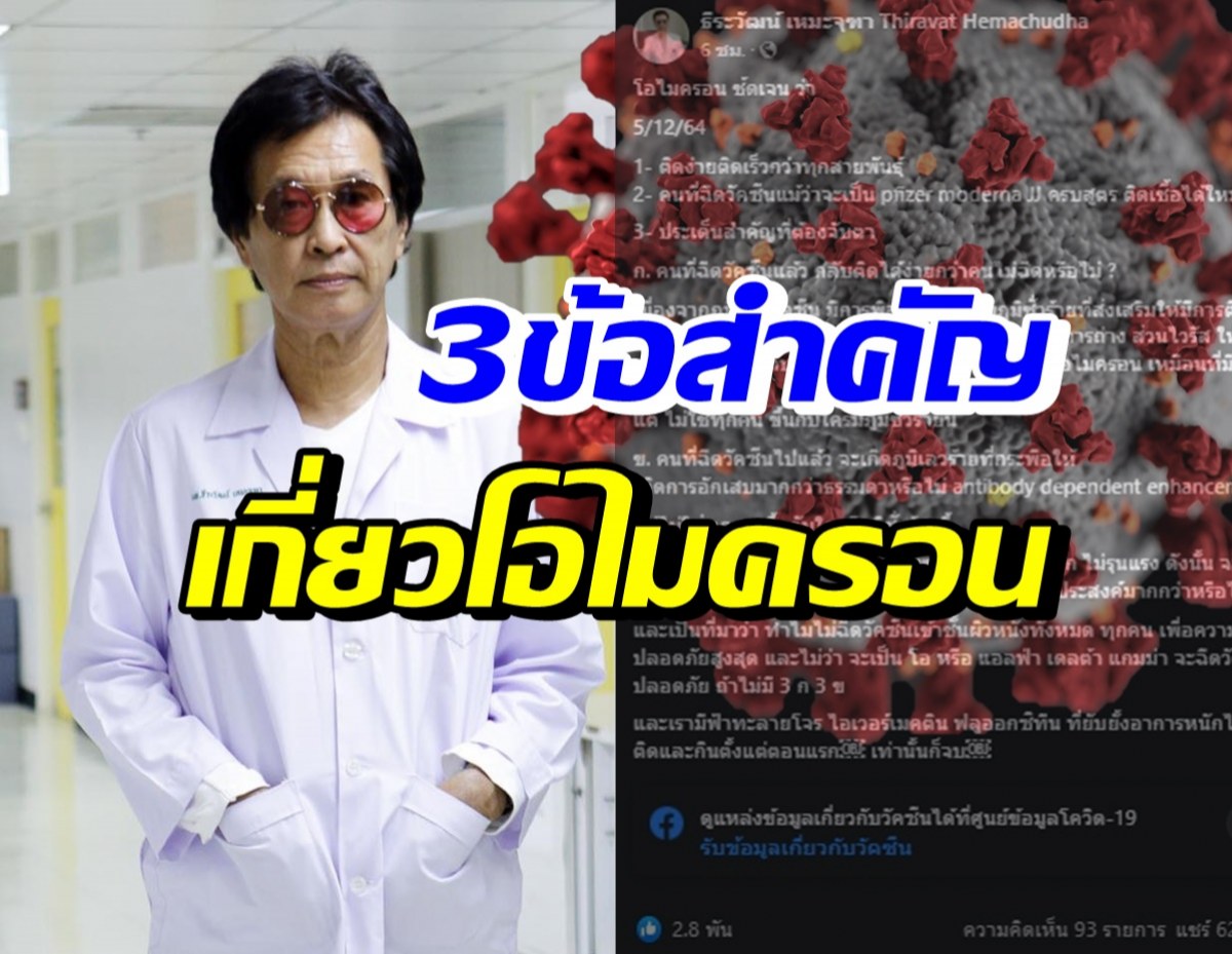 หมอธีระวัฒน์ แนะจับตา3ประเด็น เกี่ยวกับโควิดโอไมครอน