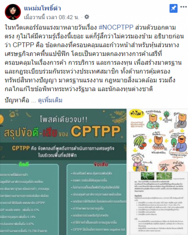 แหม่มโพธิ์ดํา  ตั้งคำถาม ปมไทยเข้าร่วม CPTPP เกษตรกรจะต้องแลกกับอะไร